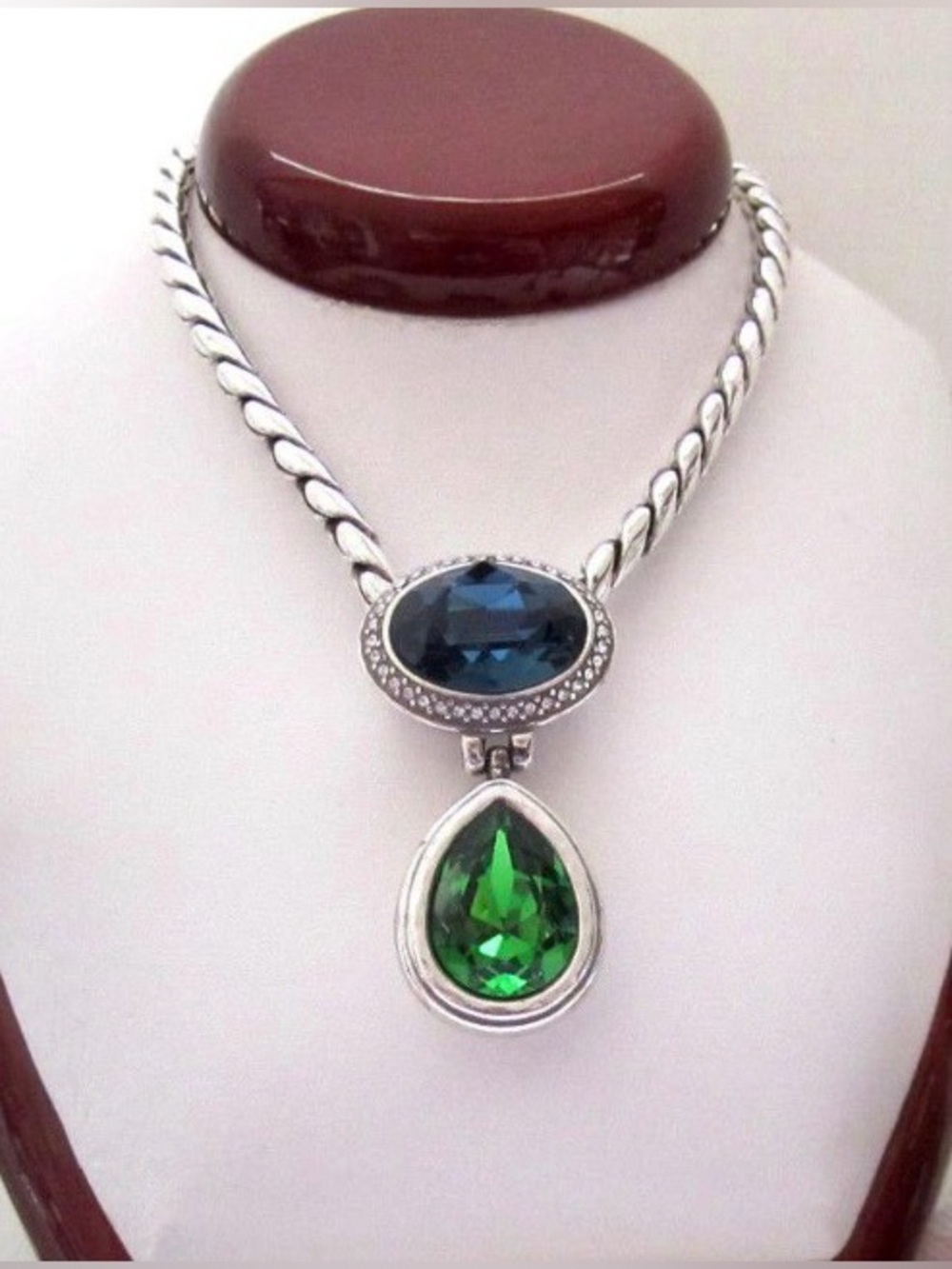 🍀 RARE BRIGHTON Silver Necklace 💎Sapphire & Emerald-colored Swarovski Crystals!
